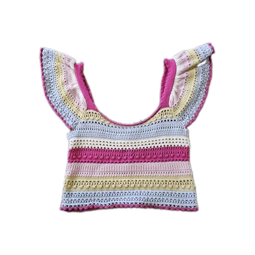 Sincerely Jules Small Crochet Knit Crop Top Ruffle Sleeve Boho Stripe NWOT