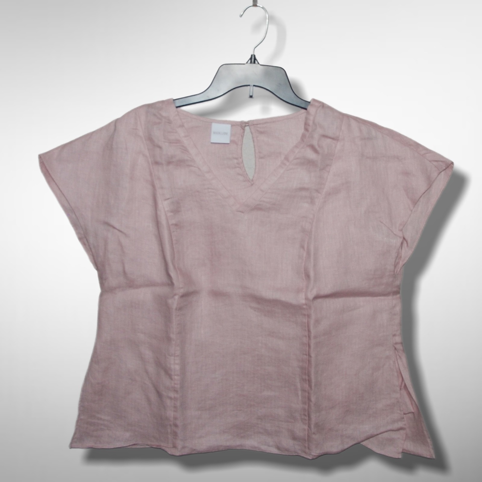MADELEINE US sz Large Pink Herringbone German Luxury Brand 100% Linen Top