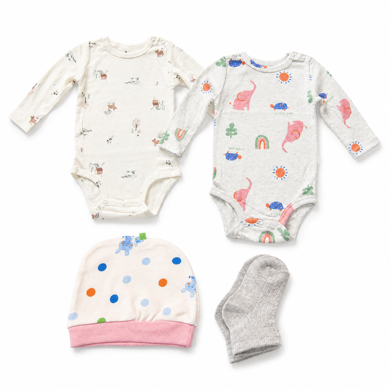 Unisex Baby 4 Piece Outfit Set 9M 100% Cotton Bodysuits Hat Socks 66cm New Tags