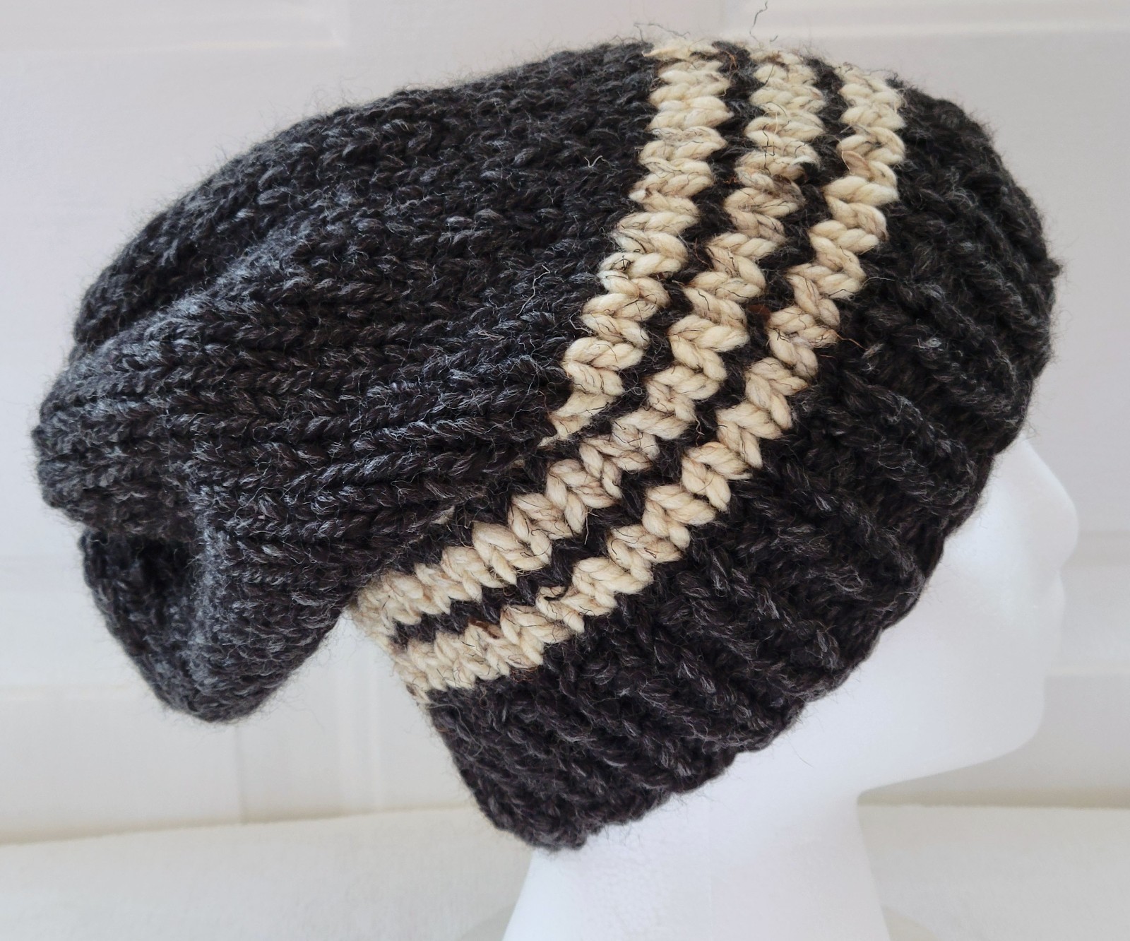 New Slouch Hat – Dark Gray w/ Beige Stripes – Wool Blend Handmade Hand Knit