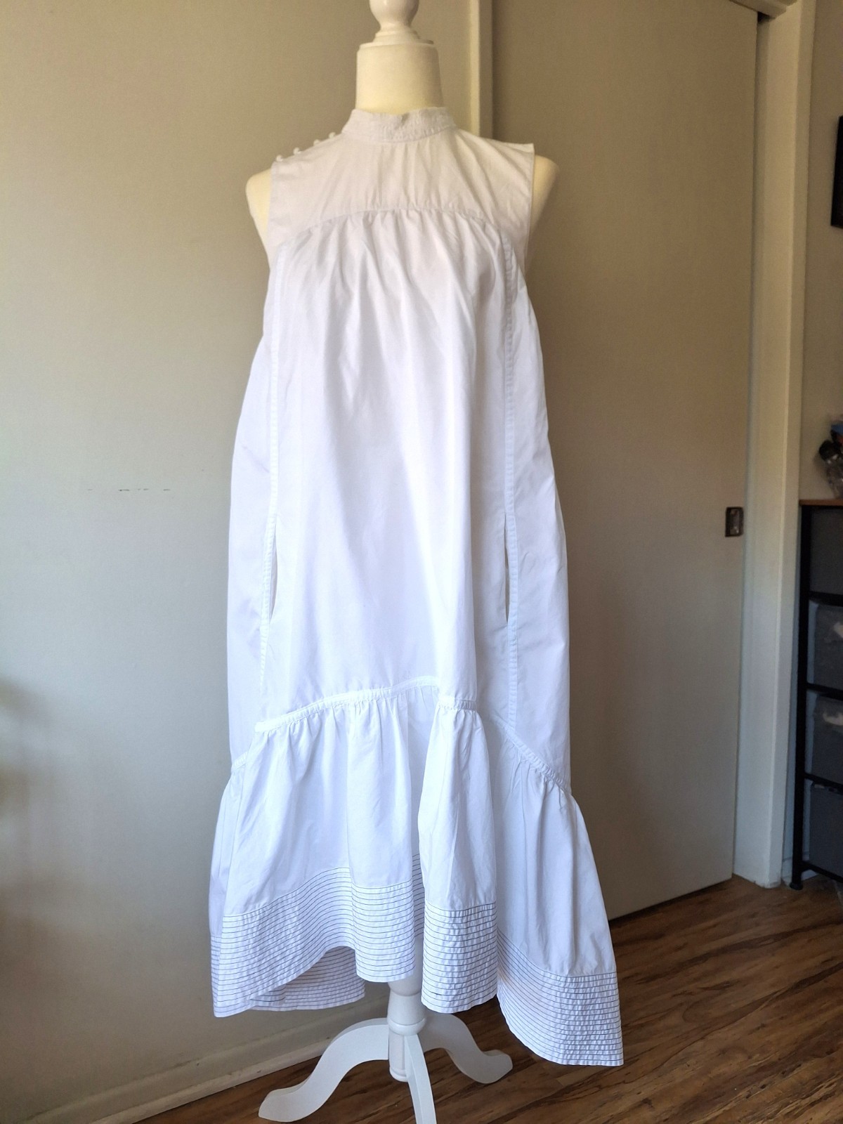 3.1Phillip Lim White Cotton Drop Waist Ruffle Midi Dress Sleeveless High Neck XS