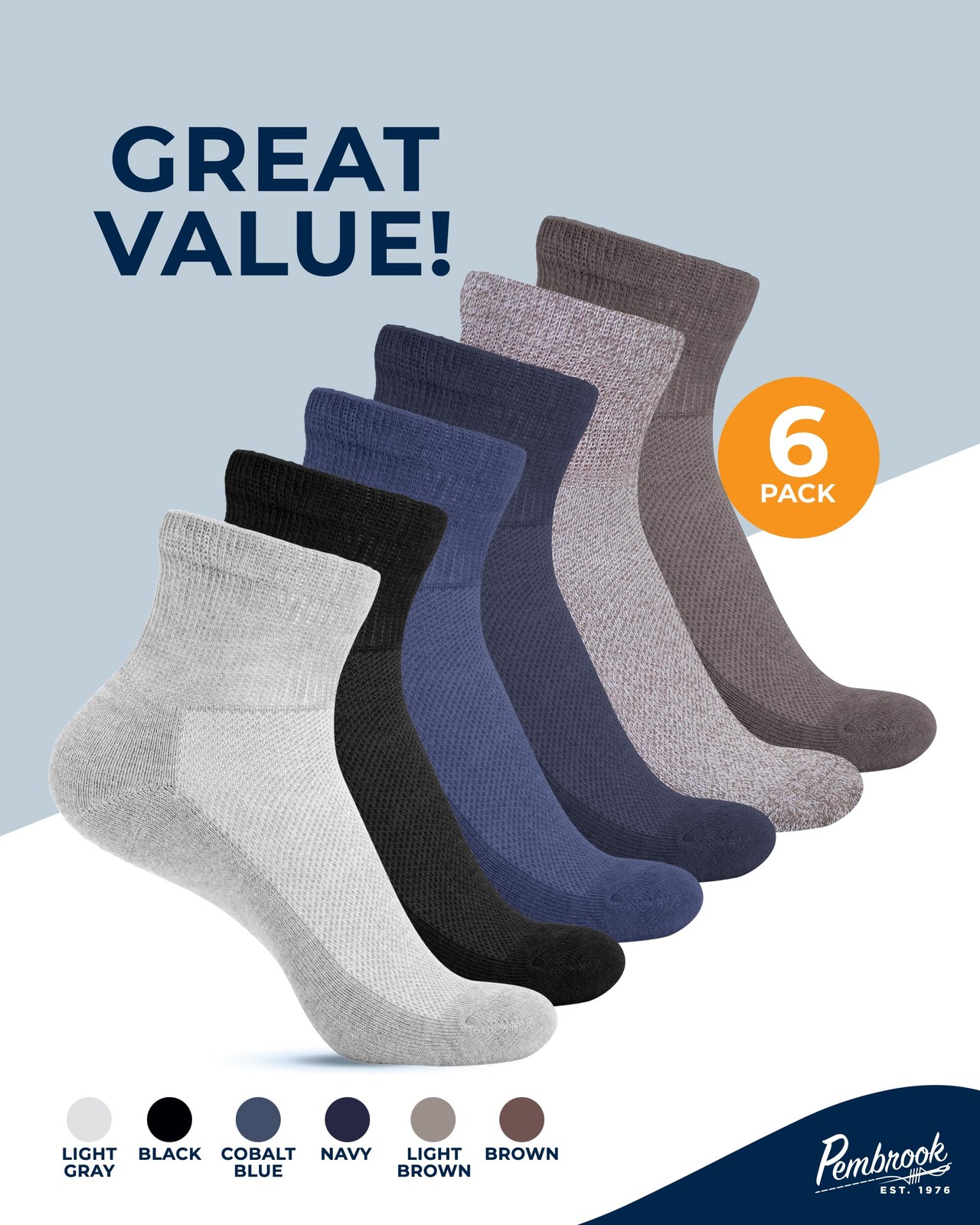 Pembrook Large, Black/Cobalt Blue/Light Gray/Navy/Brown/Light Brown – 6 Pairs