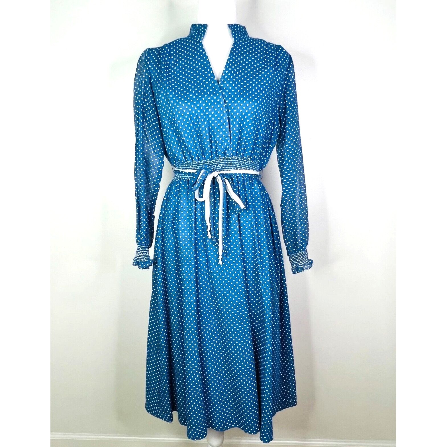 Vtg Holly-Mode of California Dress Sz 10 Blue Polka Dot Midi Prairie Cottagecore