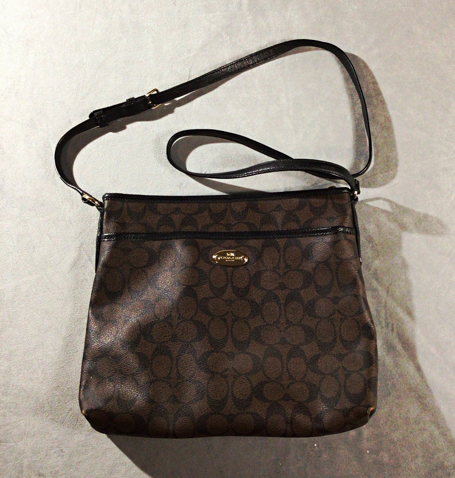 Coach Brown Monogram Zip Crossbody Bag Front Zip Pocket Gold Hardware