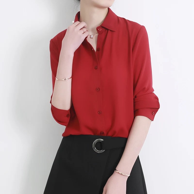 Women’s Chiffon Blouse Loose Long Sleeve Button Up Casual Shirt Top