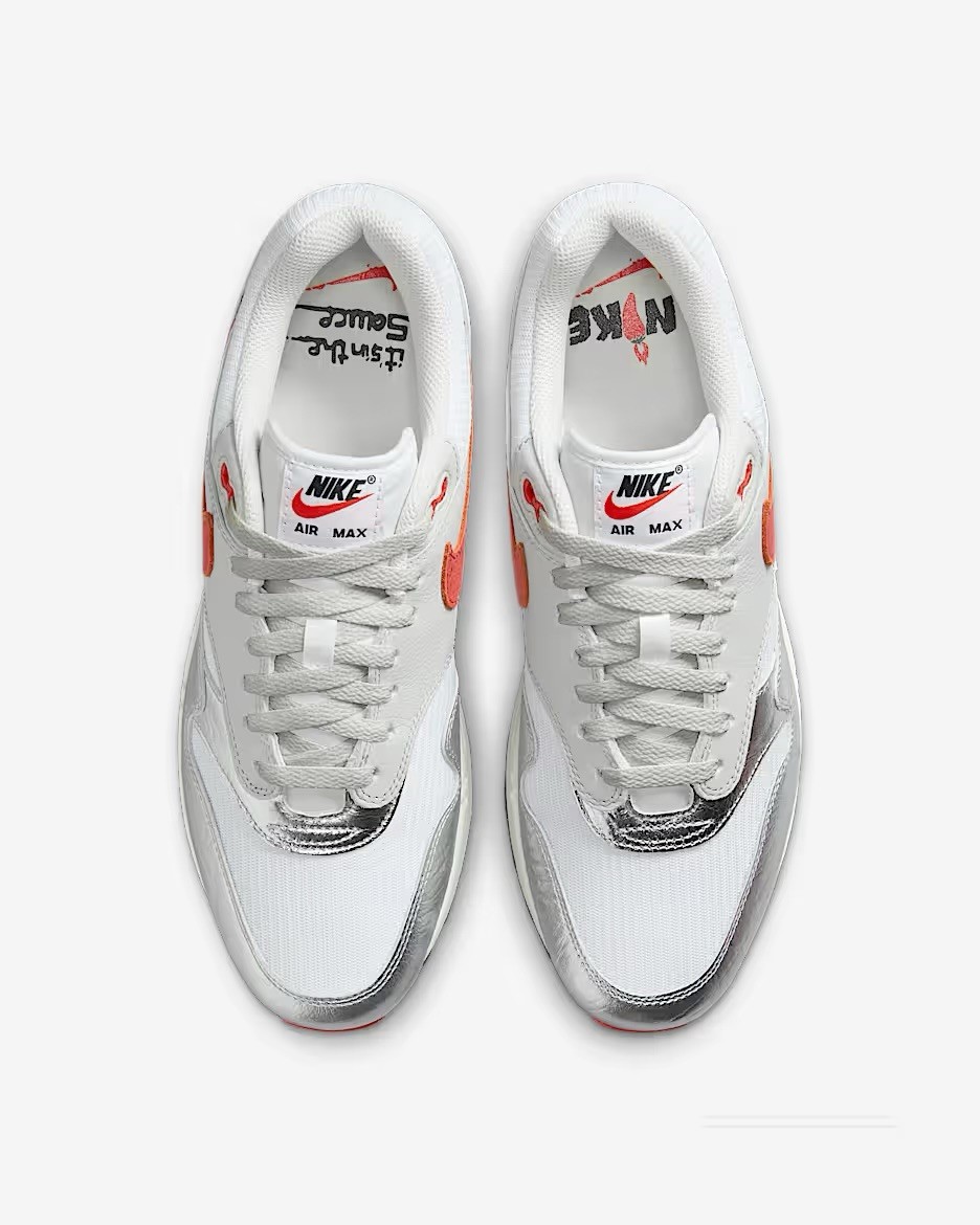 Men Nike Air Max 1 Premium Athletic Shoes White/Metallic Silver/Red HF7746-100