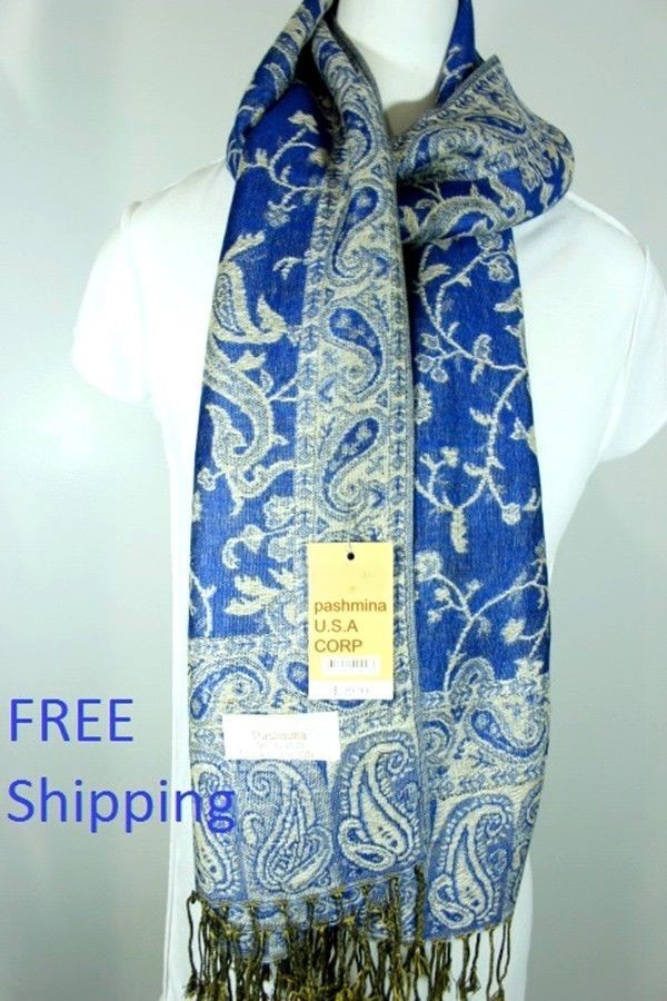 Women’s Pashmina Scarf Wrap Shawl Paisley Beige Turquoise Silk Cashmere