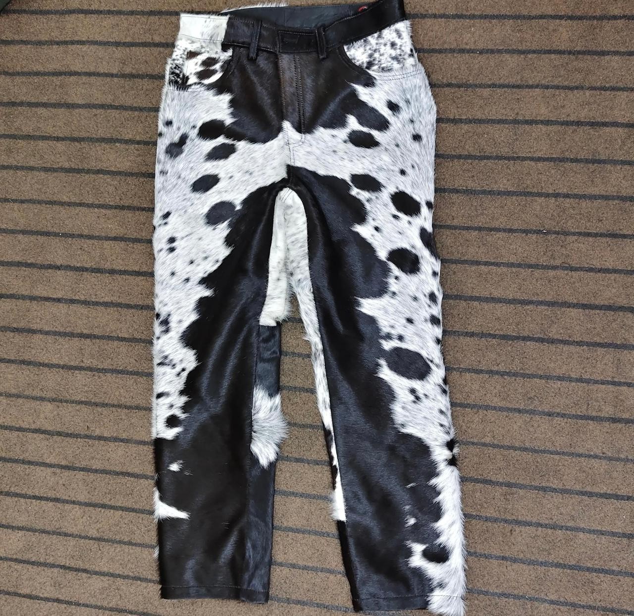 Cowhide Leather Western Pants: Brown & White Fur, Rodeo Style