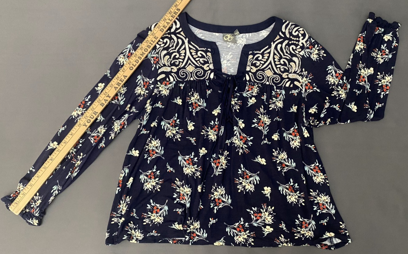 Anthropologie Black Floral Rayon Blend Long Sleeve Popover Blouse Size Large