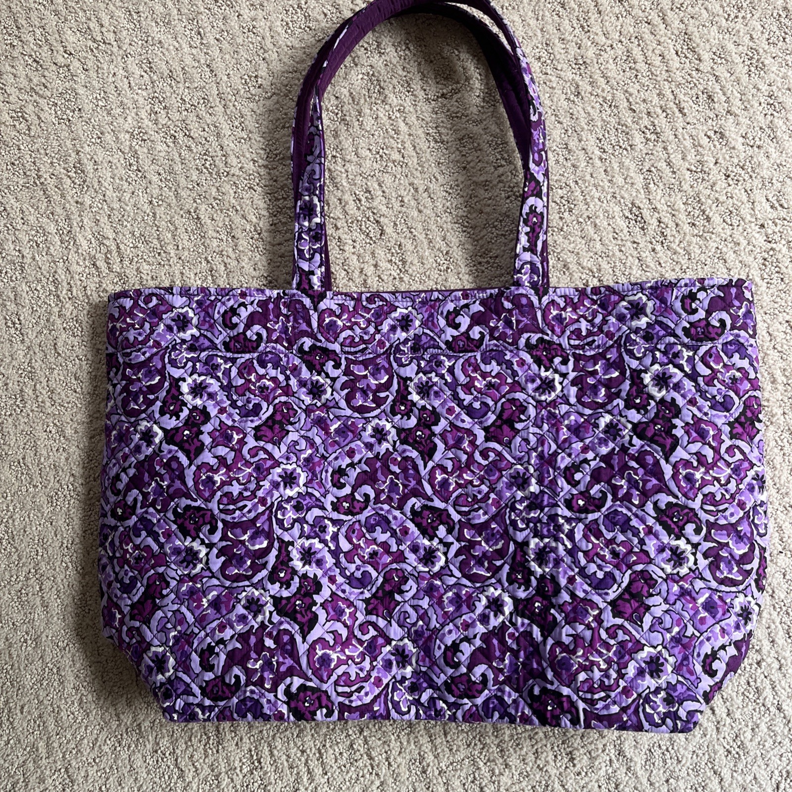 Vera Bradley Purple Floral Quilted Tote Bag, Lined Inner Pockets, Double Handles