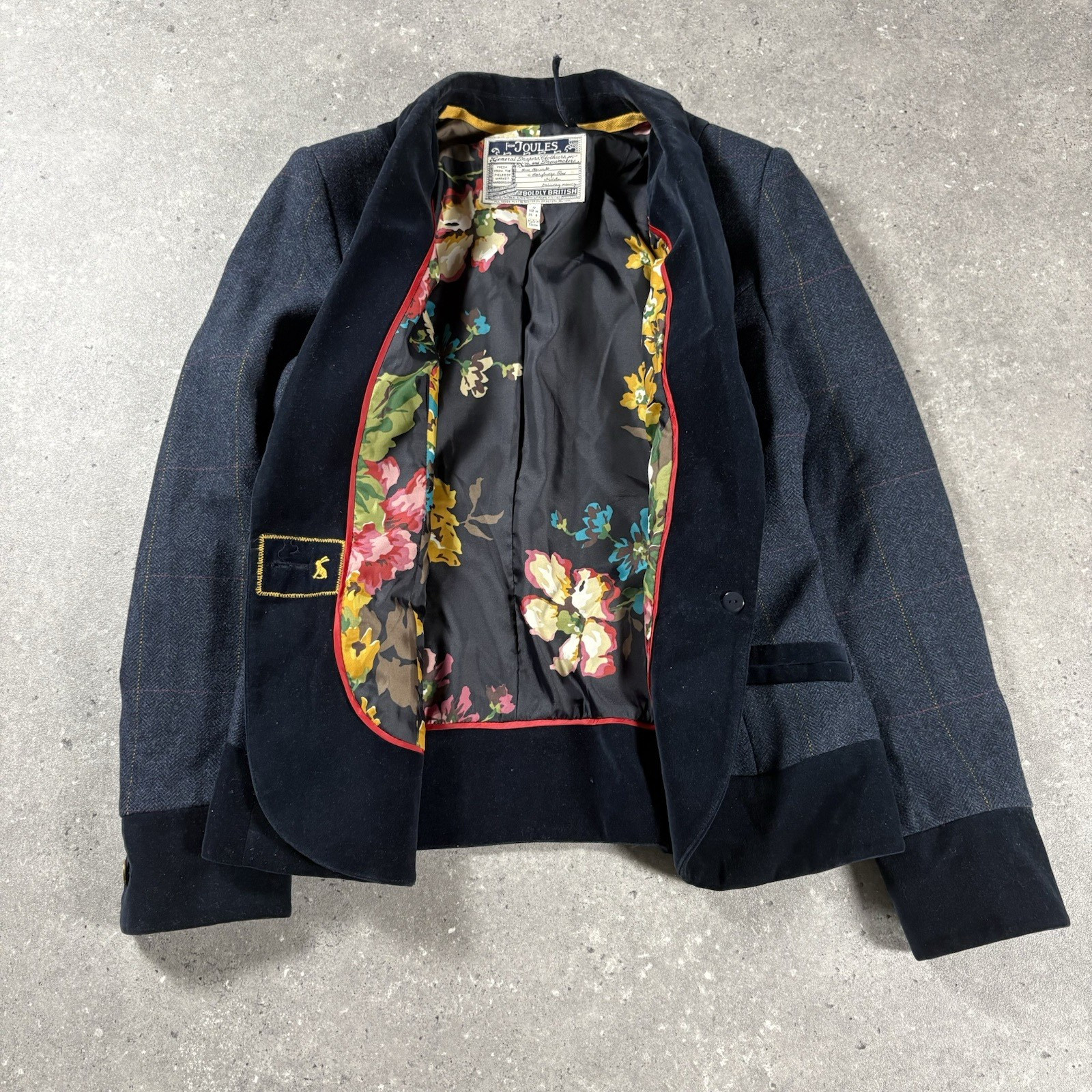 Joules Blazer UK 12 Blue Wool Tweed Jacket Windowpane Velvet Trim Hartfield