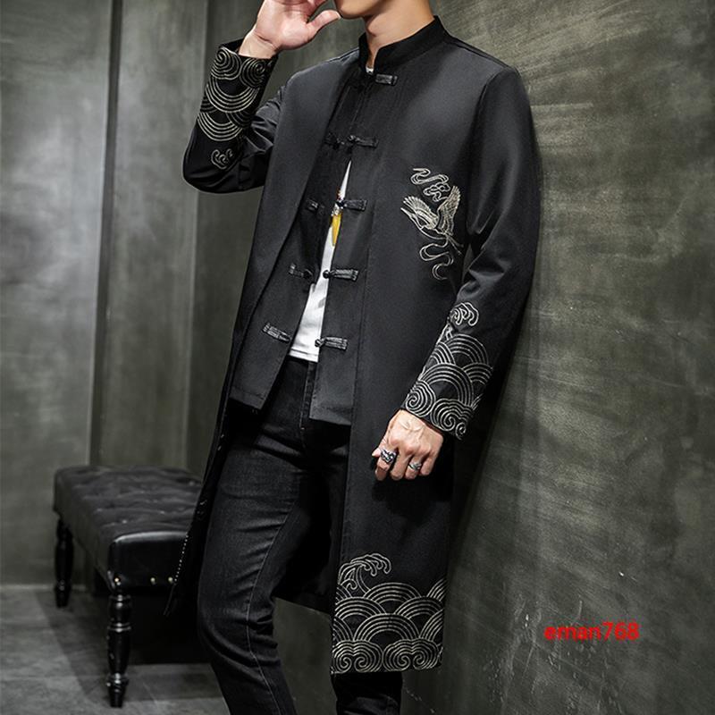 Chinese Style Tang Suit Jacket Mens Mid Long Buttons Slim Embroidery Coats Size