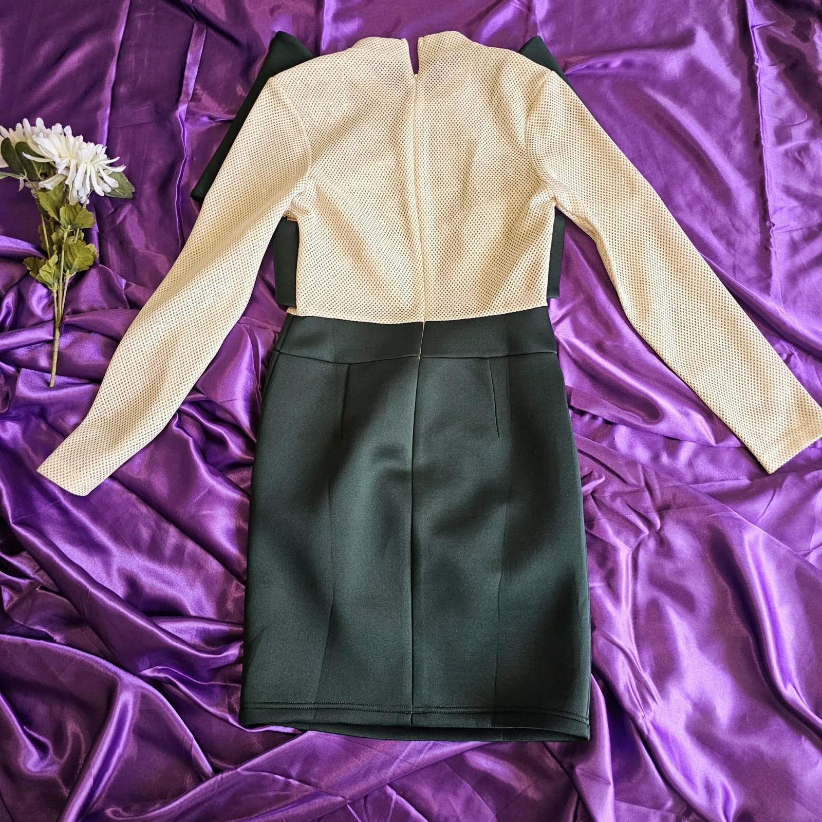 AOMEI Black Beige Solid Mesh Cut Out High Neck Long Sleeve Bodycon Dress S