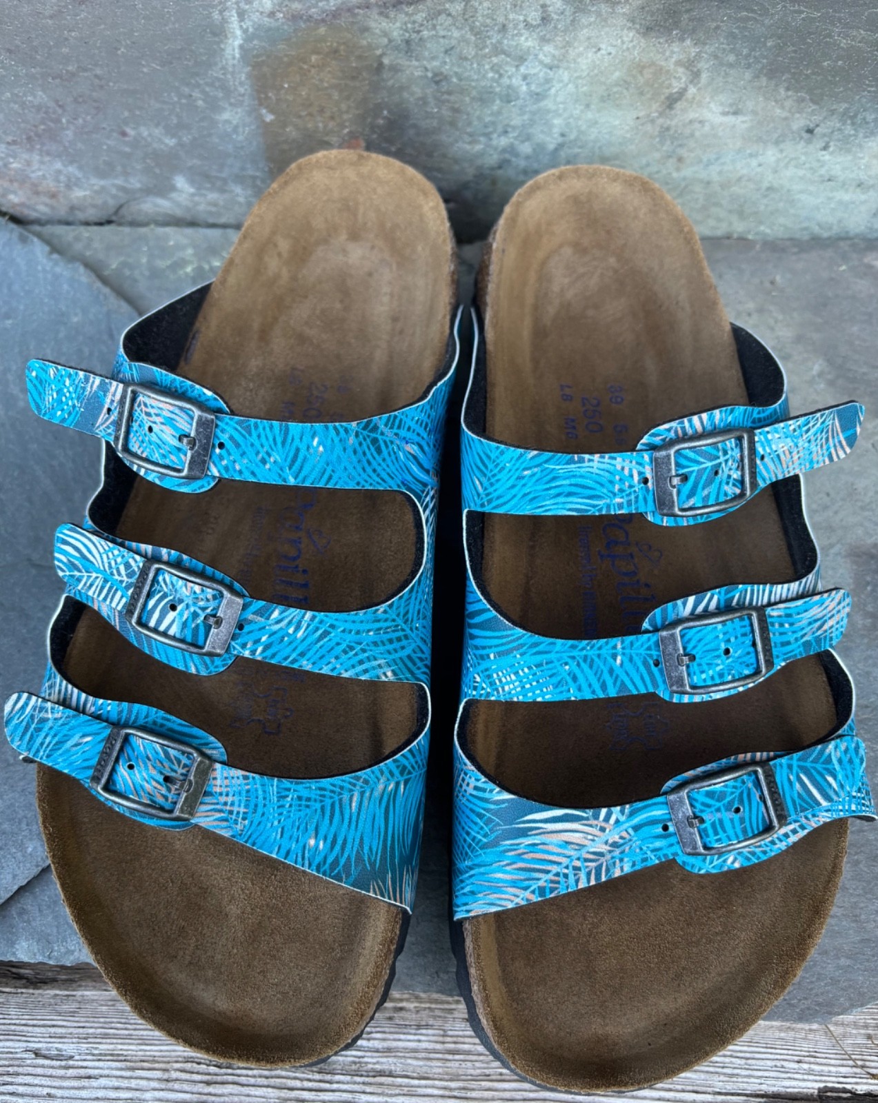 PAPILLIO x Birkenstock ‘Florida’ (39/8) Tropical Leaf Blue Birko-Flor Sandals