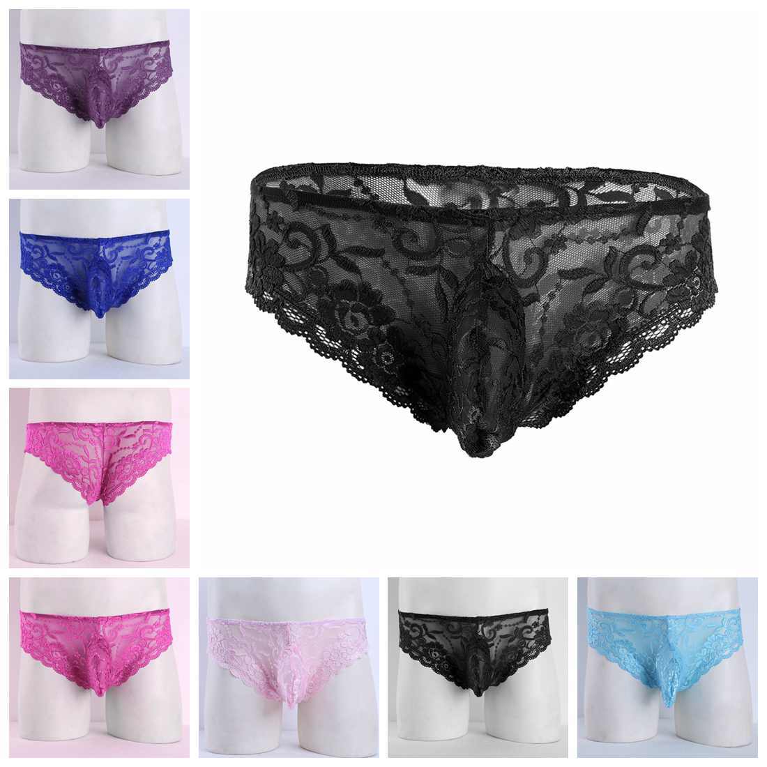 Mens Low Rise Bulge Pouch Briefs Underwear Sissy Sheer Lace Floral Lace Panties