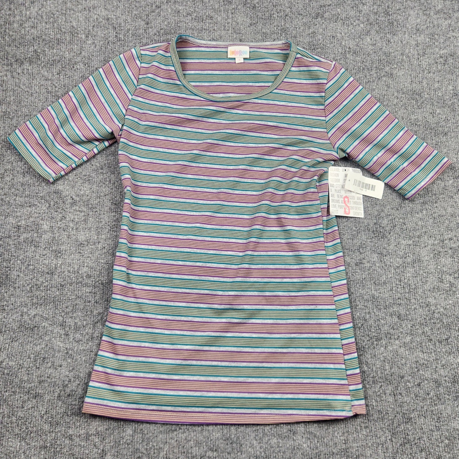 LuLaRoe Gigi Striped Elbow Sleeve Top Women Small NWT Purple Teal Gold Crew Neck