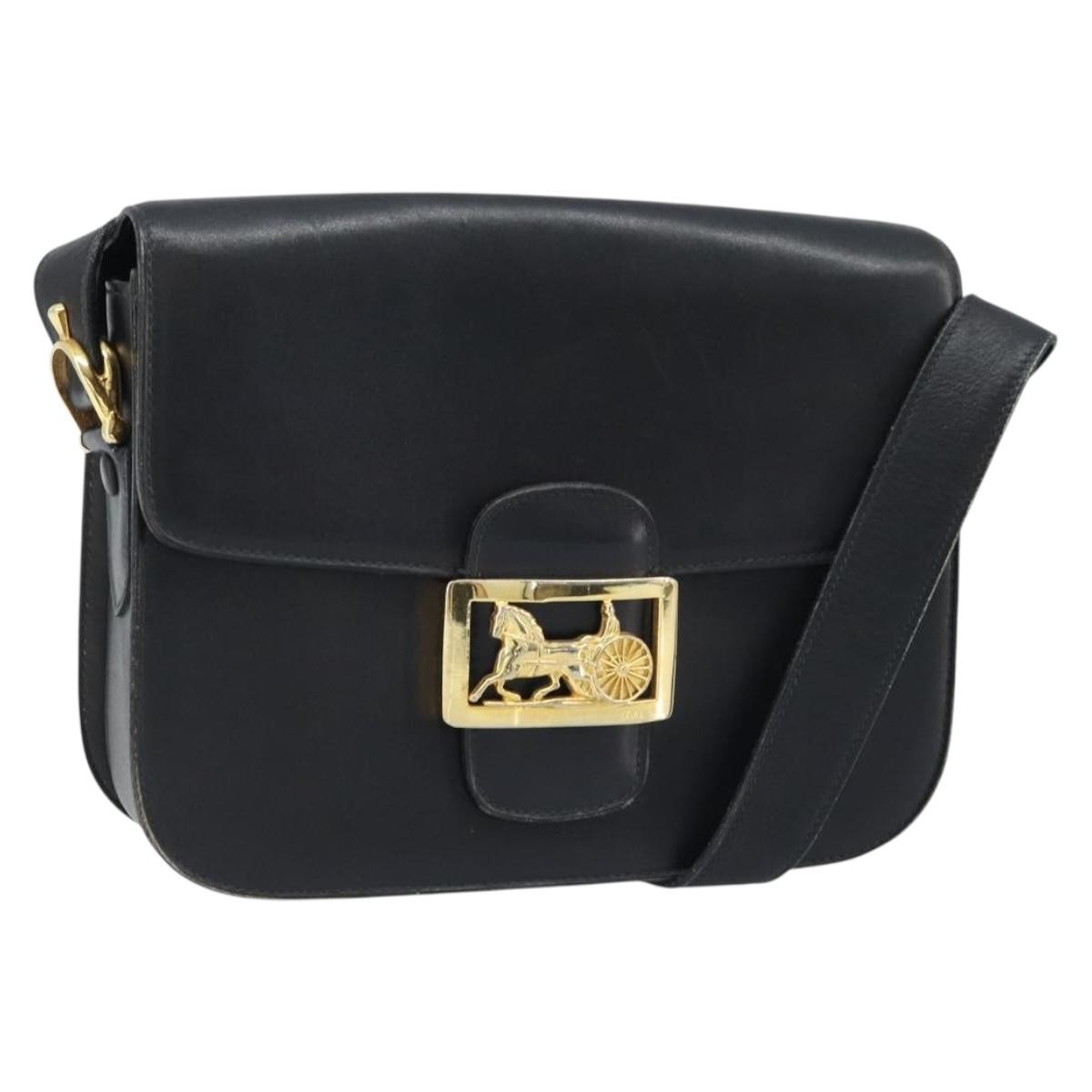 CELINE Horse Carriage Shoulder Bag Leather Black Gold Auth ARZ121