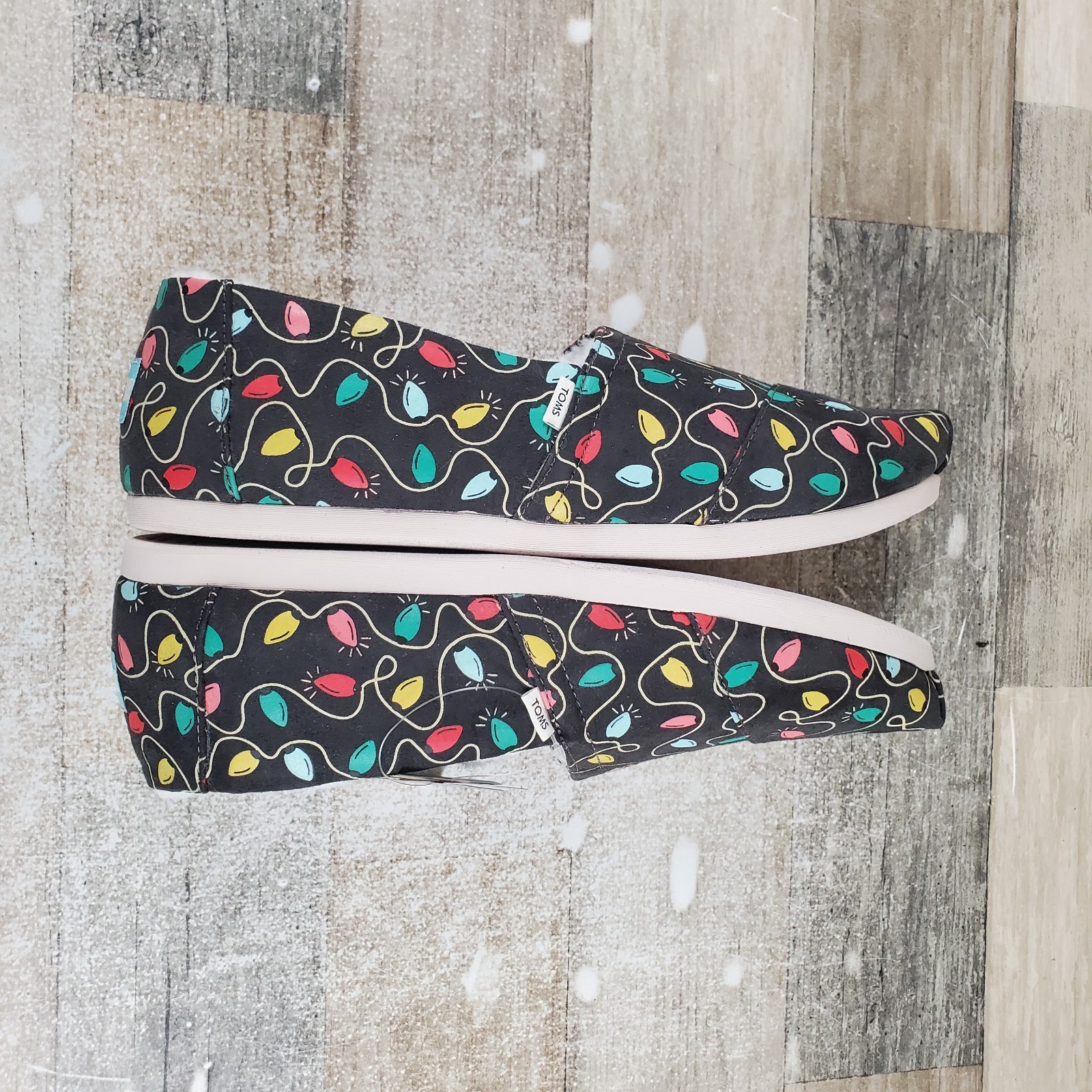 Toms Alpargata Womens Flat 9.5 Black Forged Iron Tree Lights Print Slip On Shoes