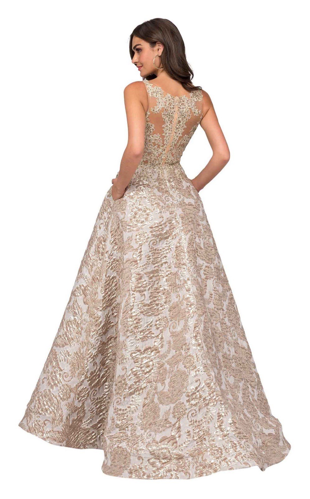 Cecilia Couture Champagne Gold Brocade Ball Gown Beaded Formal Dress 12