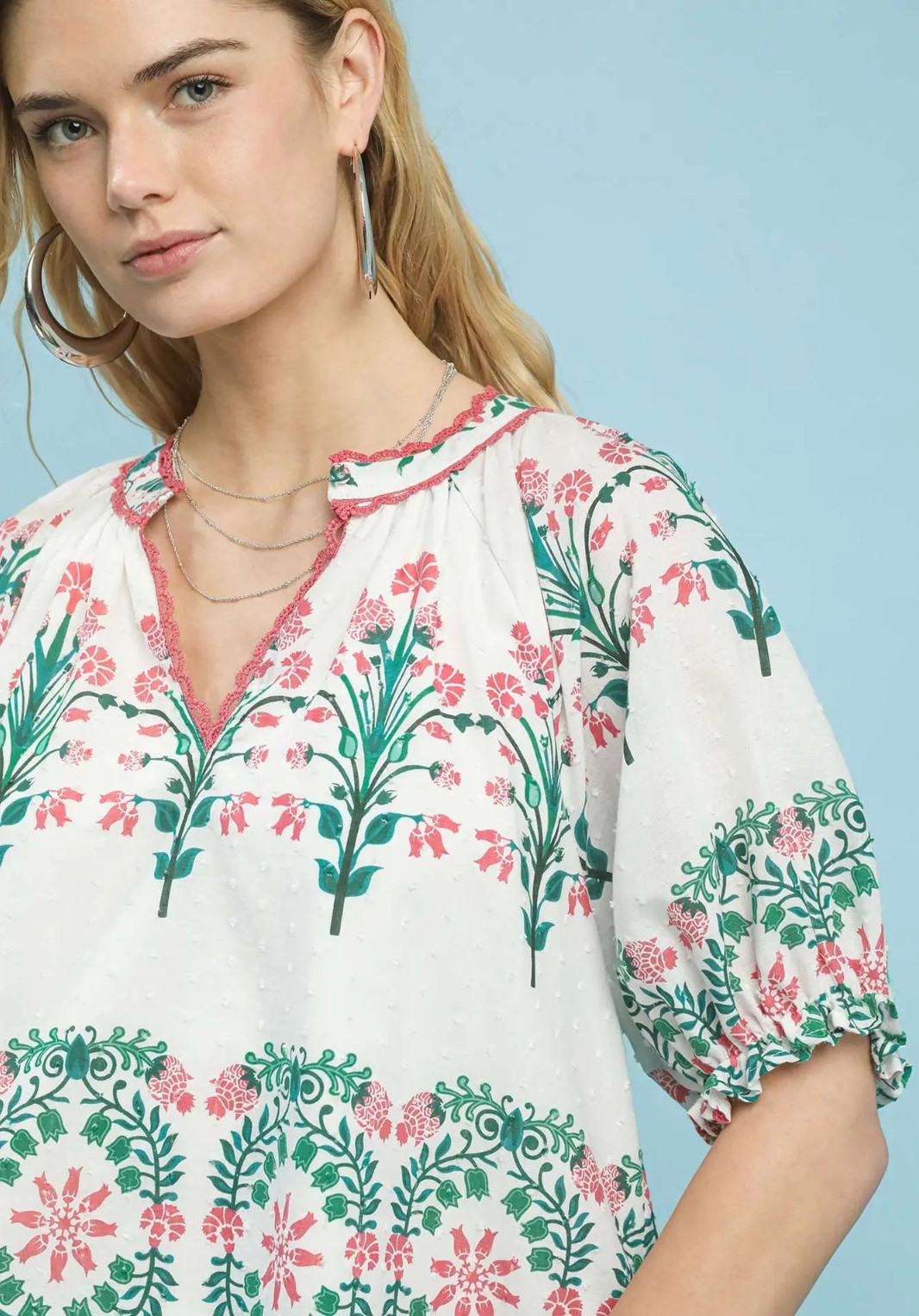 Umgee Floral Lace Detail Puff Sleeve Summer Top in Pink Ivory