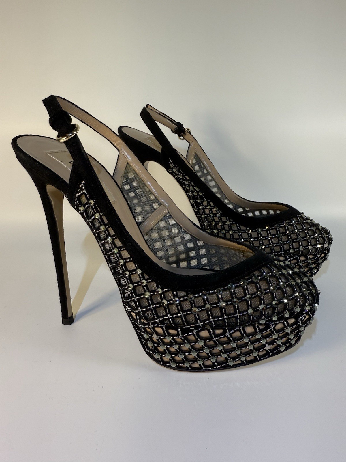 Valentino Garavani Lattice Crystal Mesh Slingback Platform Pumps Size 37.5