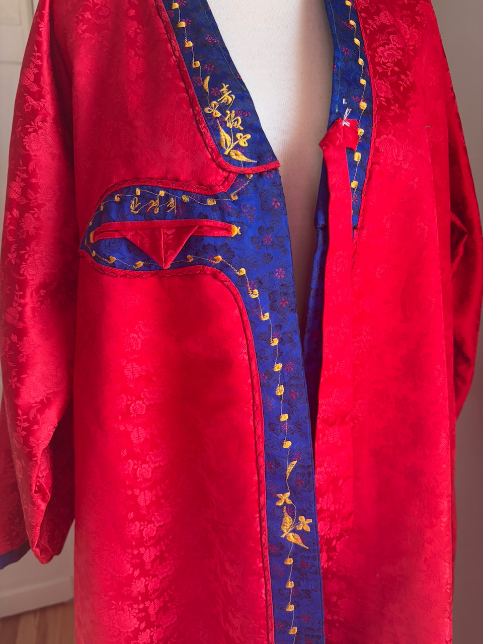 Vintage Korea Red Blue Brocade Embroidered Hanbok Durumagi Overcoat Traditional