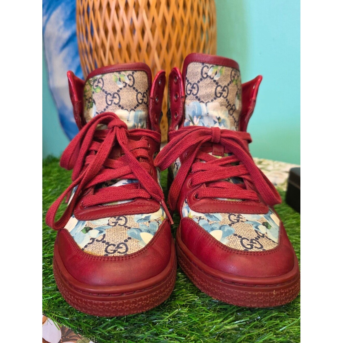 Gucci GG Blooms Floral High Top Sneakers Red Leather Canvas Shoes Size 37
