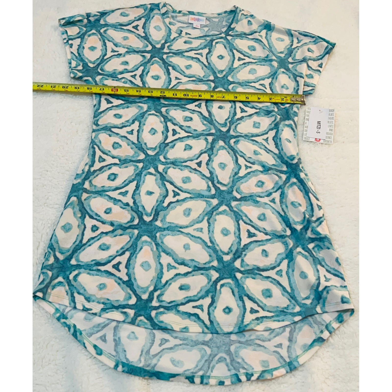 LuLaRoe Mitzi Top Small Teal White Geometric Kaleidoscope High Low Tunic NWT