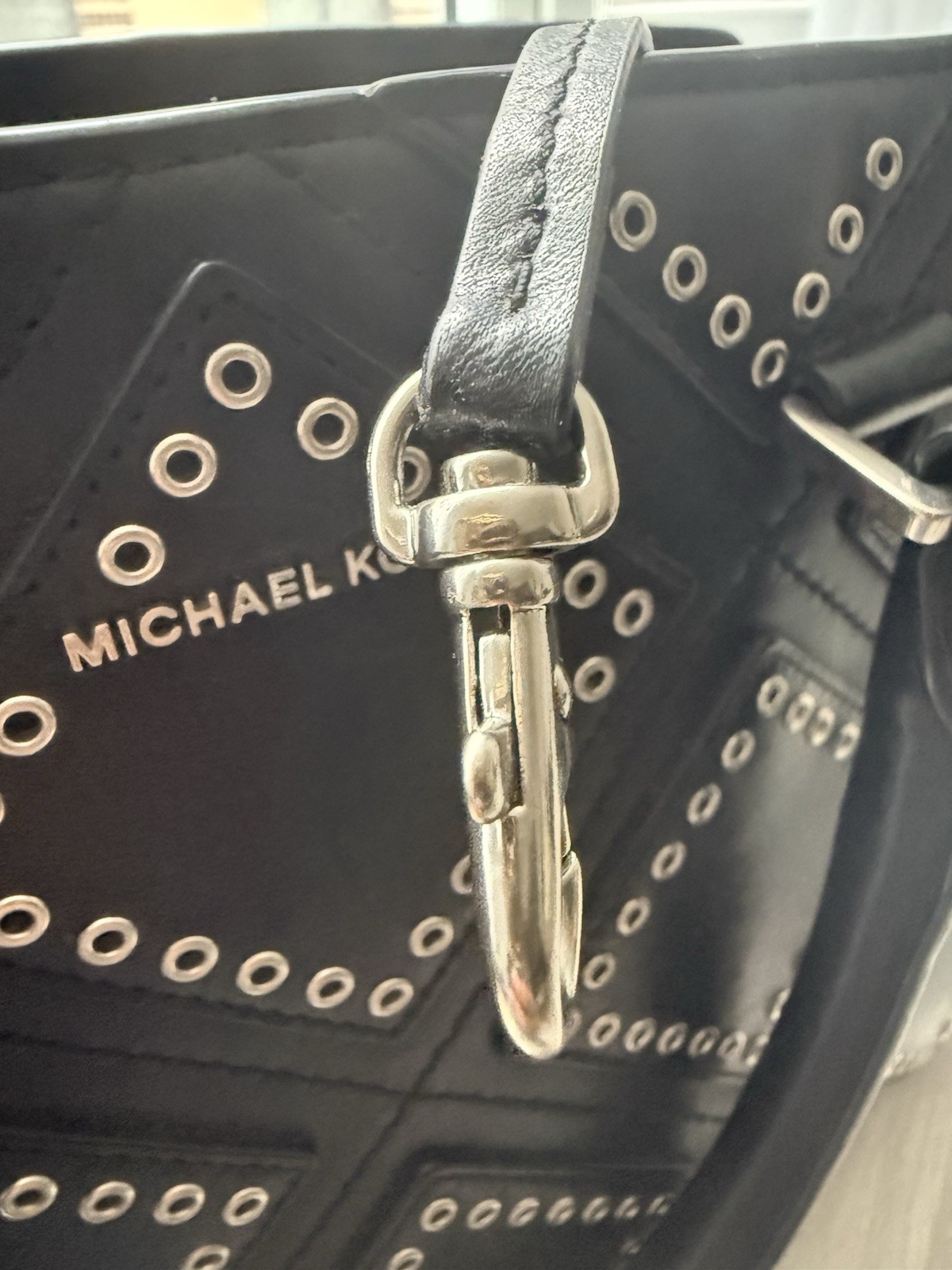 Michael Kors Selma Large Black Leather Grommet Studded Satchel Handbag Silver