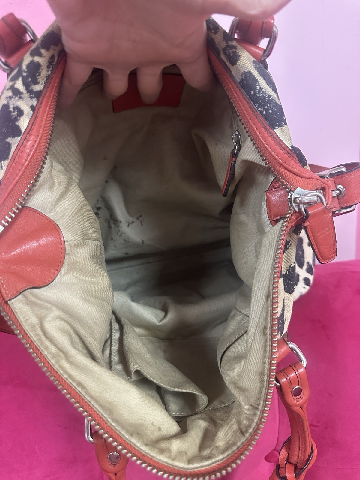 Coach vintageleopard ocelot large satchel top handle zip silver hw w strap rare