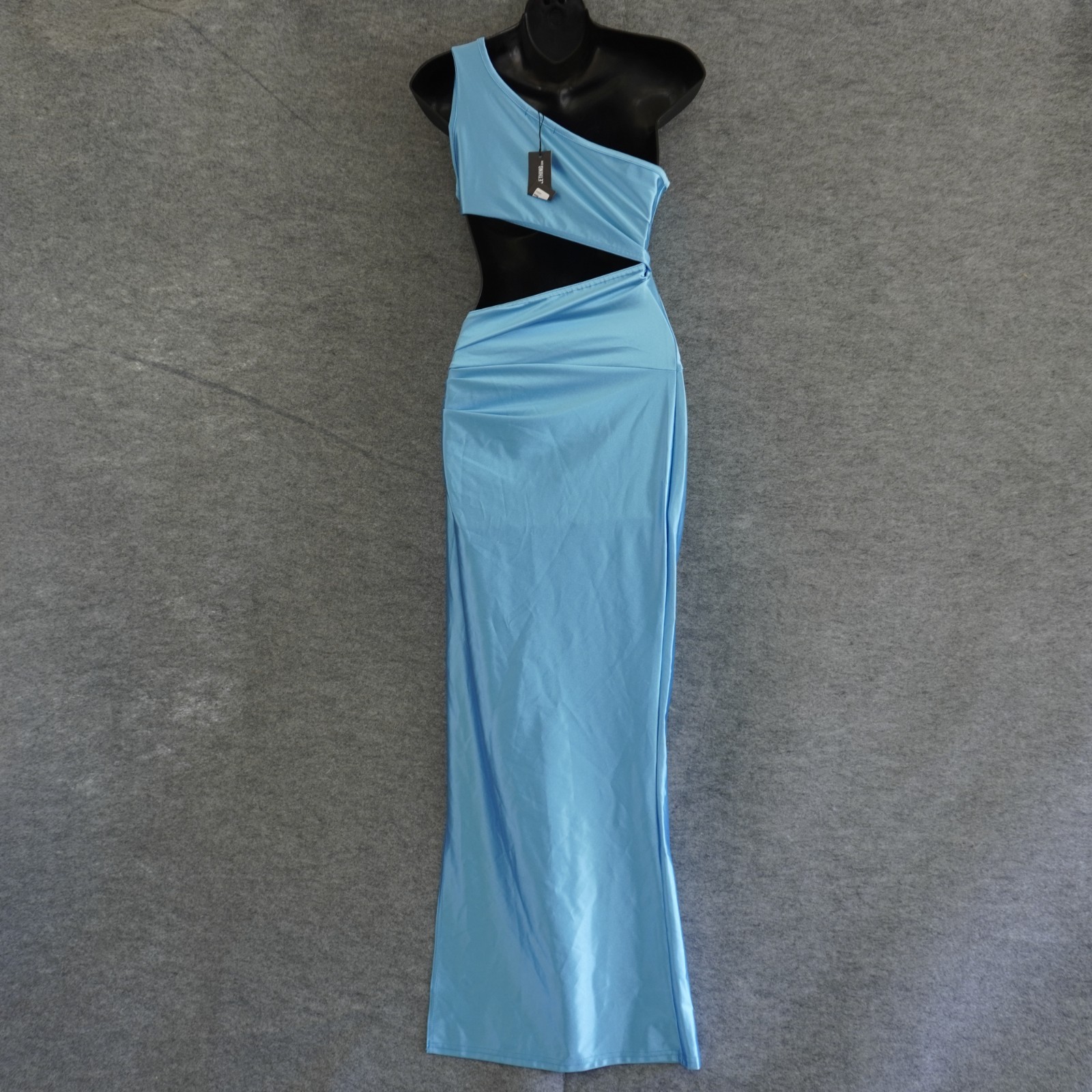 PrettyLittleThing Blue Satin Cut Out Maxi Dress US 2 UK 6 One Shoulder High Slit