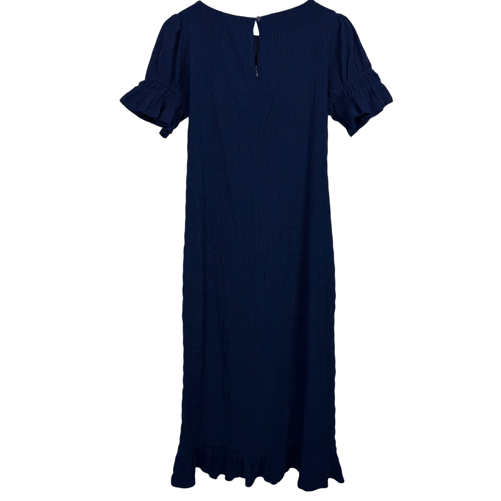 Lost + Wander Navy Blue Textured Puff Sleeve Ruffle Hem Midi Dress M NWT