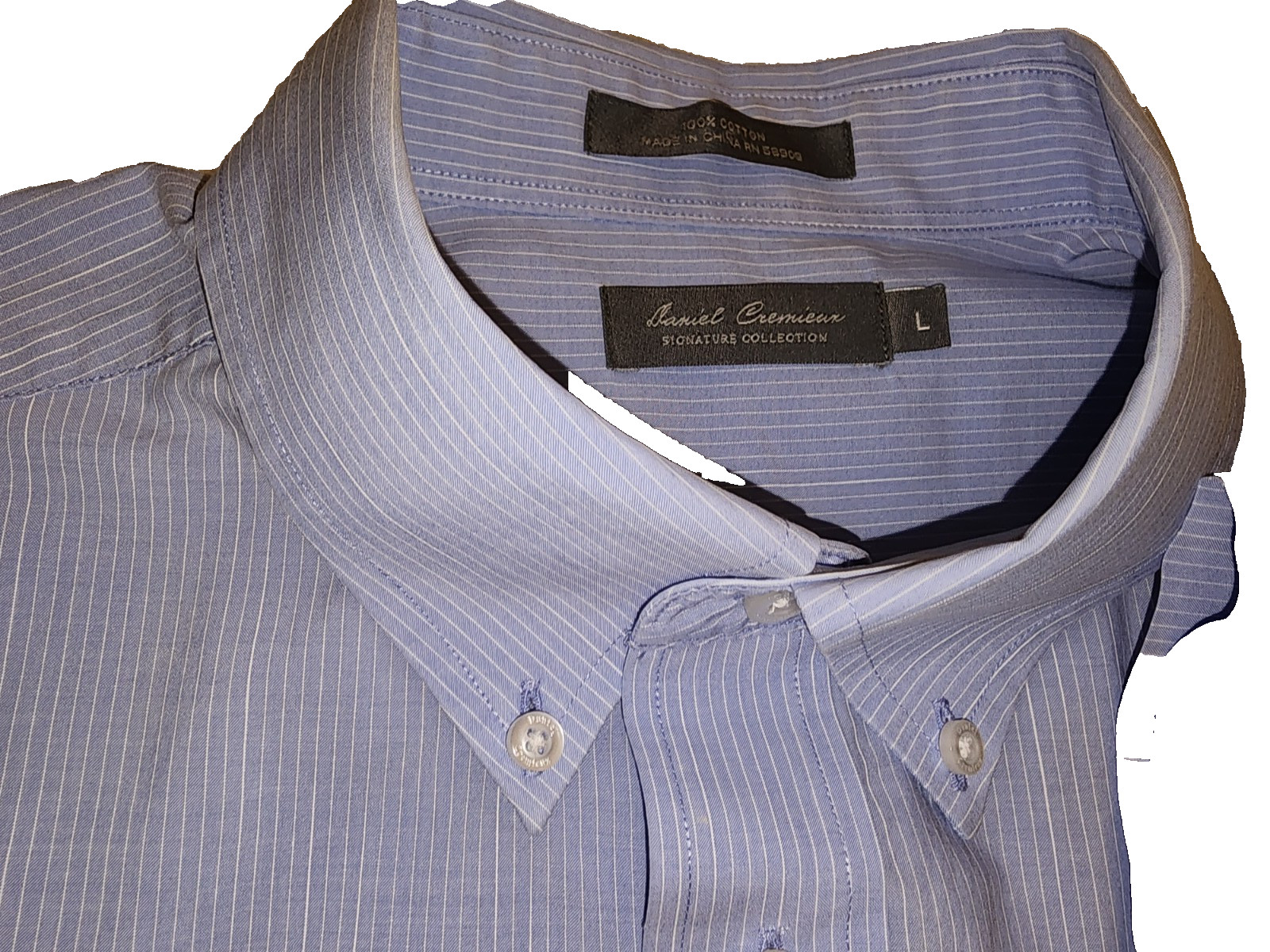 Daniel Cremieux Men’s Short Sleeve Shirt L – Blue w/White Pin Stripe-Button Coll