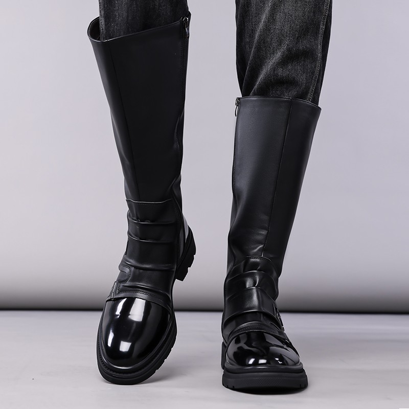 Mid Claf Boots Men’s Vintage Pleated Patent Leather Riding Motorcycle Punk Shoes