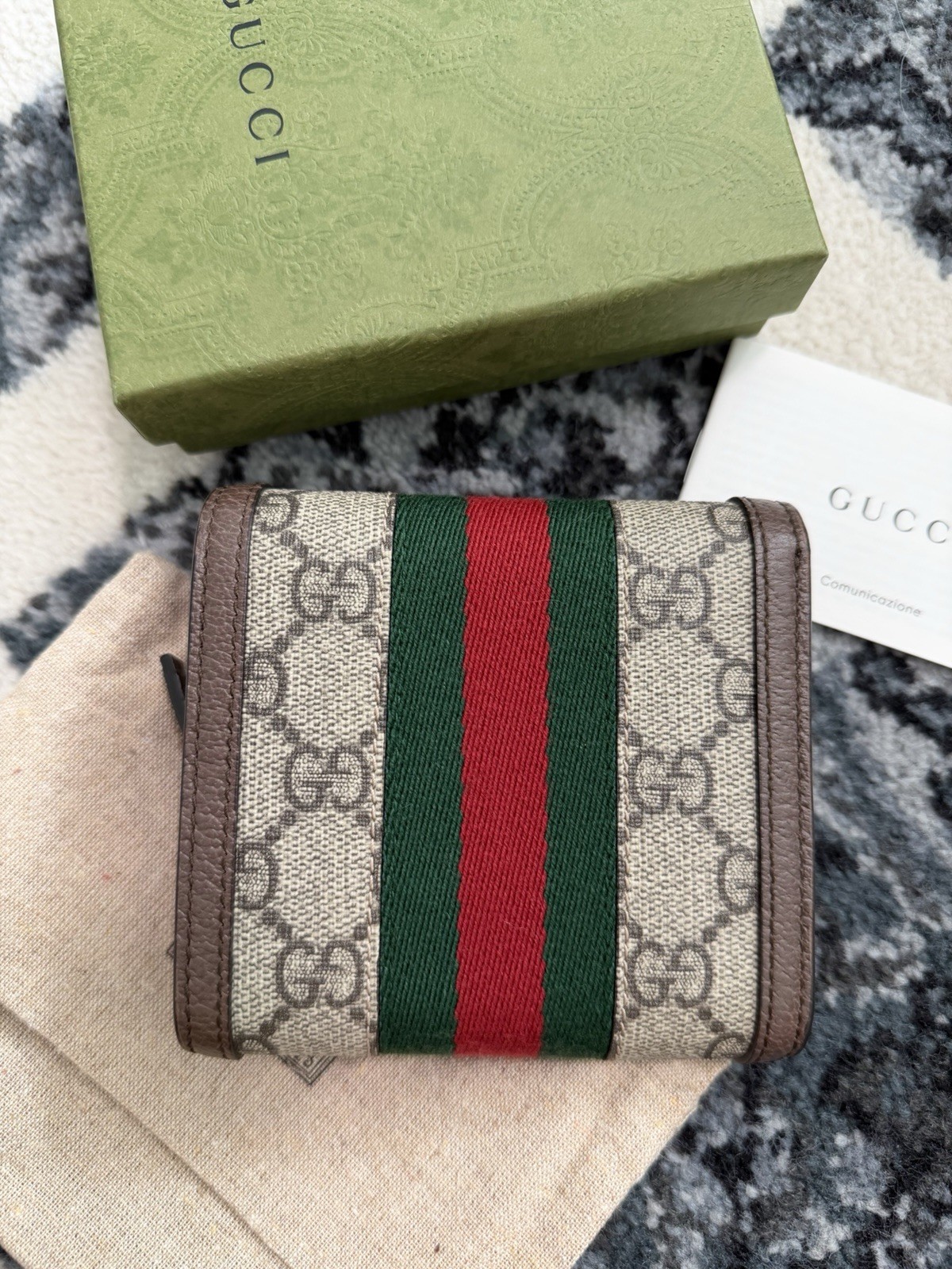 Auth Gucci GG Supreme Ophidia Web Trifold Card Case Wallet