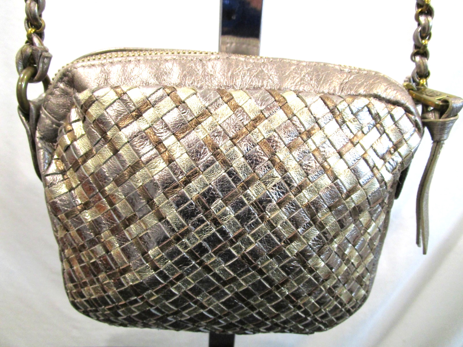 Elliott Lucca Small Silver, Gold Metallic Woven Leather Crossbody Purse