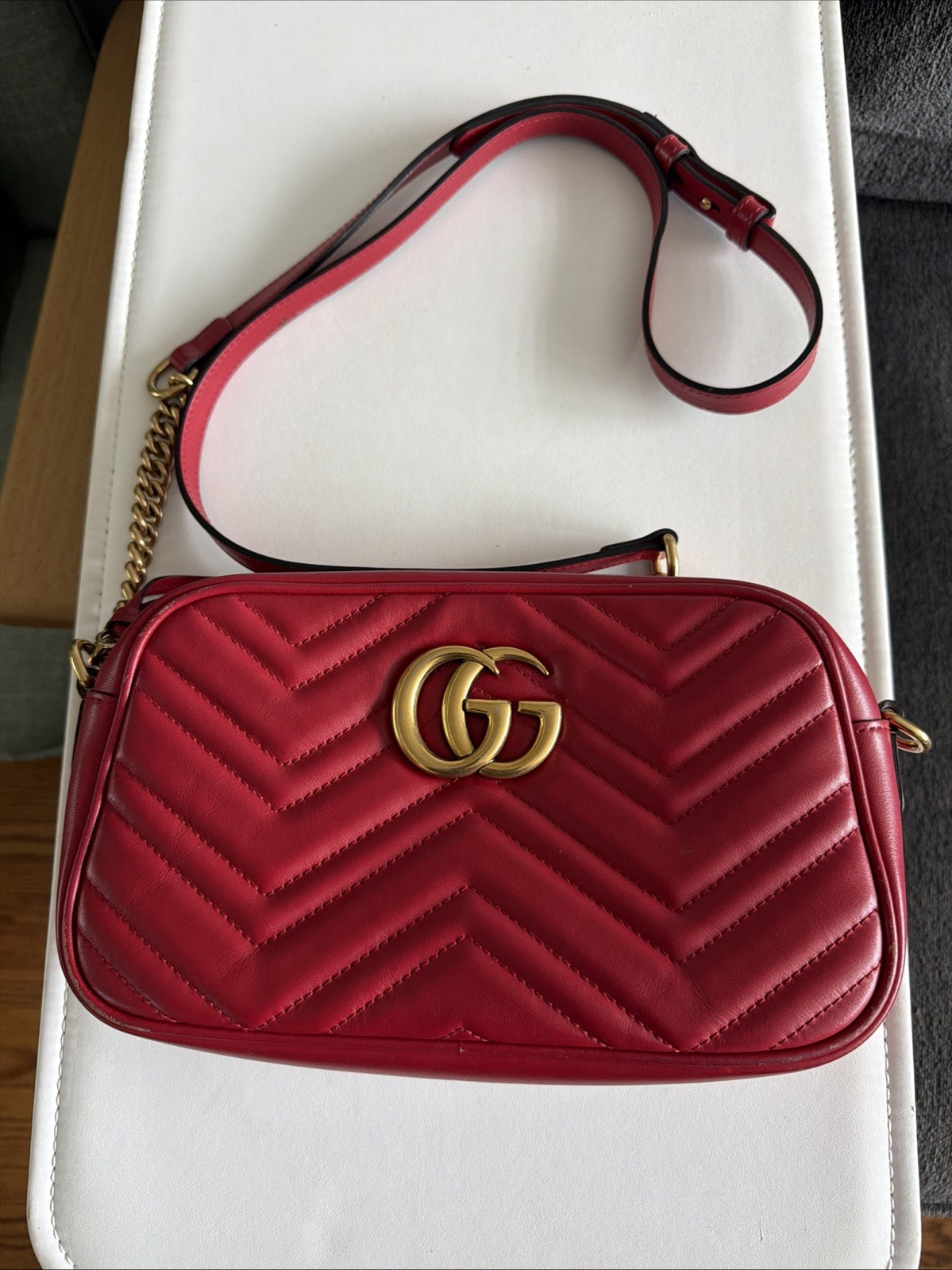 GUCCI GG Marmont Shoulder Bag Leather Red 447632 520981 Authentic