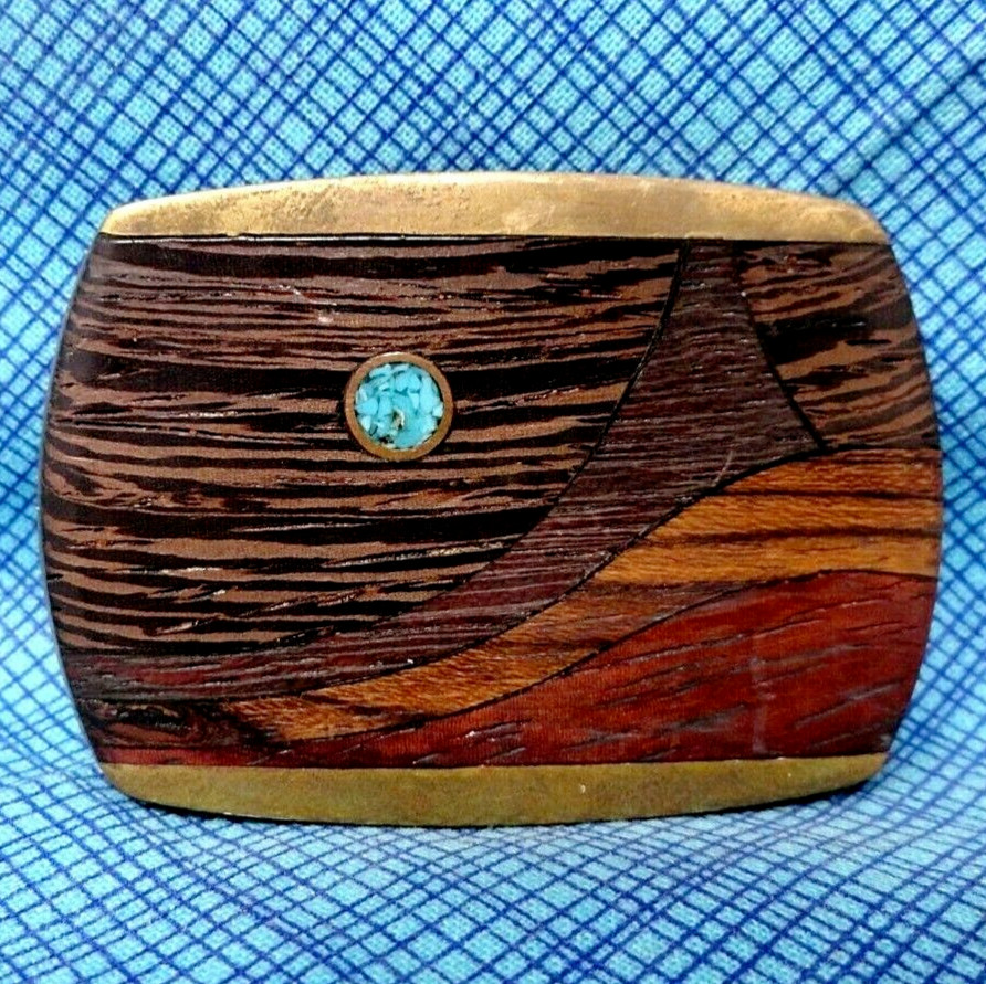 Exotic Wood Stone Brass Inlay Landscape Art Dress Belt Buckle Vtg 70’s DS.DBD473