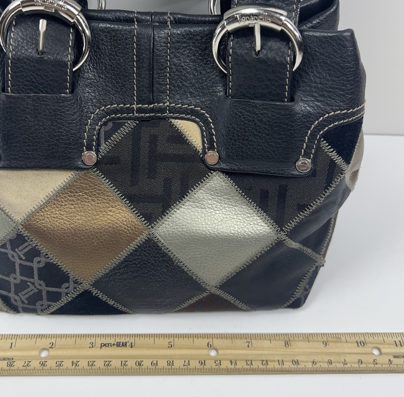 TIGNANELLO Leather Suede Patchwork Shoulder Bag Metallic Silver Buckle Boho Chic