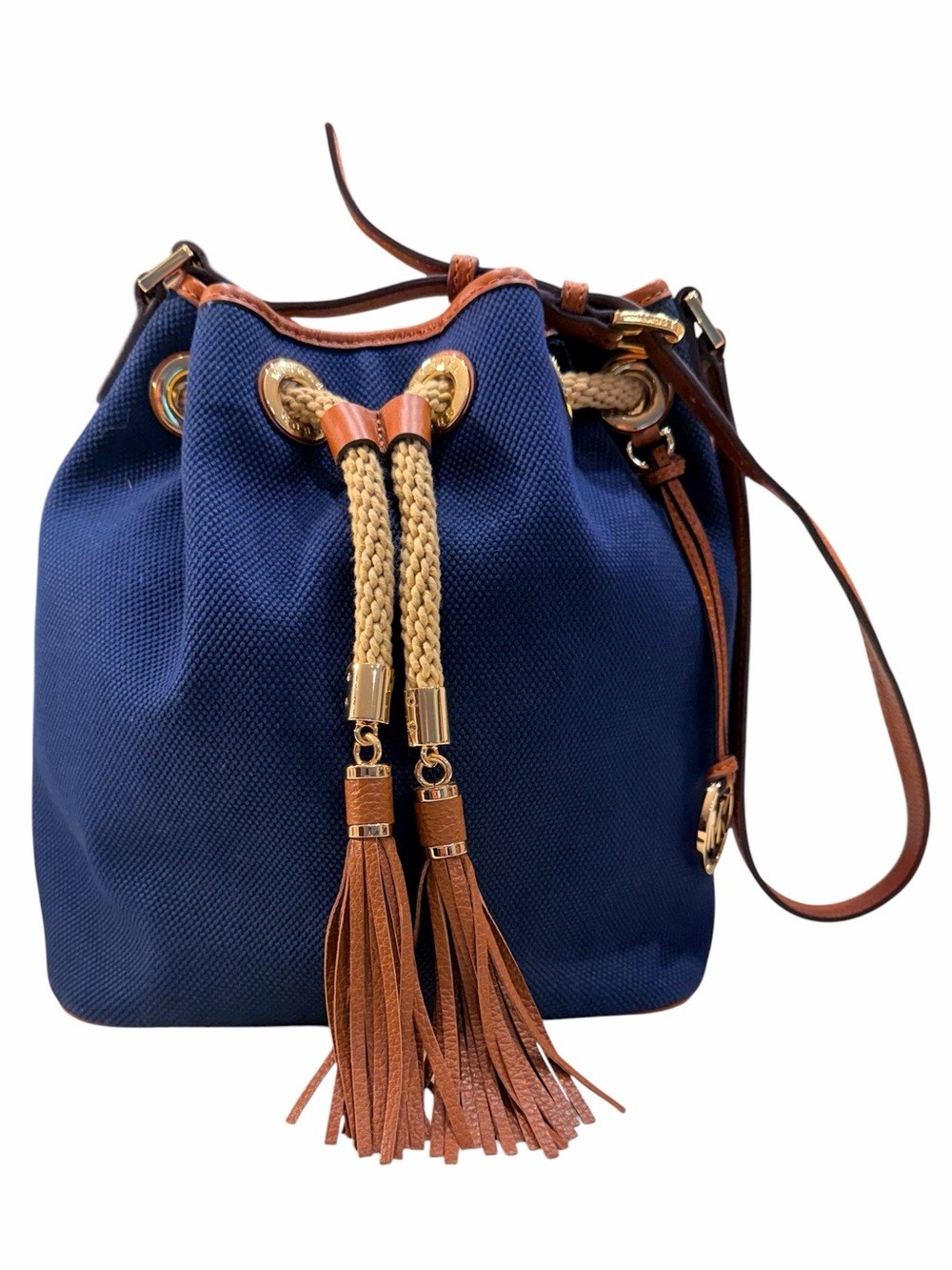 Michael Kors Marina Navy Canvas Tote Tan Leather Trim and Beige Drawstring NWOT