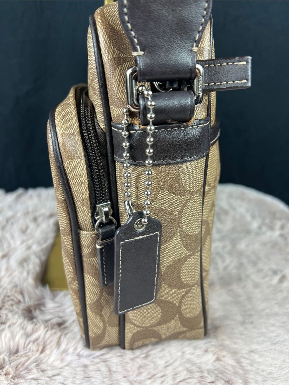 Coach Heritage Stripe Flight Bag F70589 Signature Canvas Crossbody Brown Khaki E