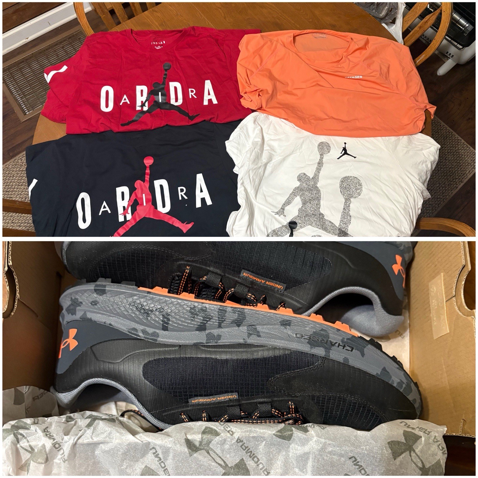 AIR JORDAN MENS T-SHIRTS, VOYAGER SWIM SHIRT, UNDER ARMOUR MENS SHOES- BUNDLE