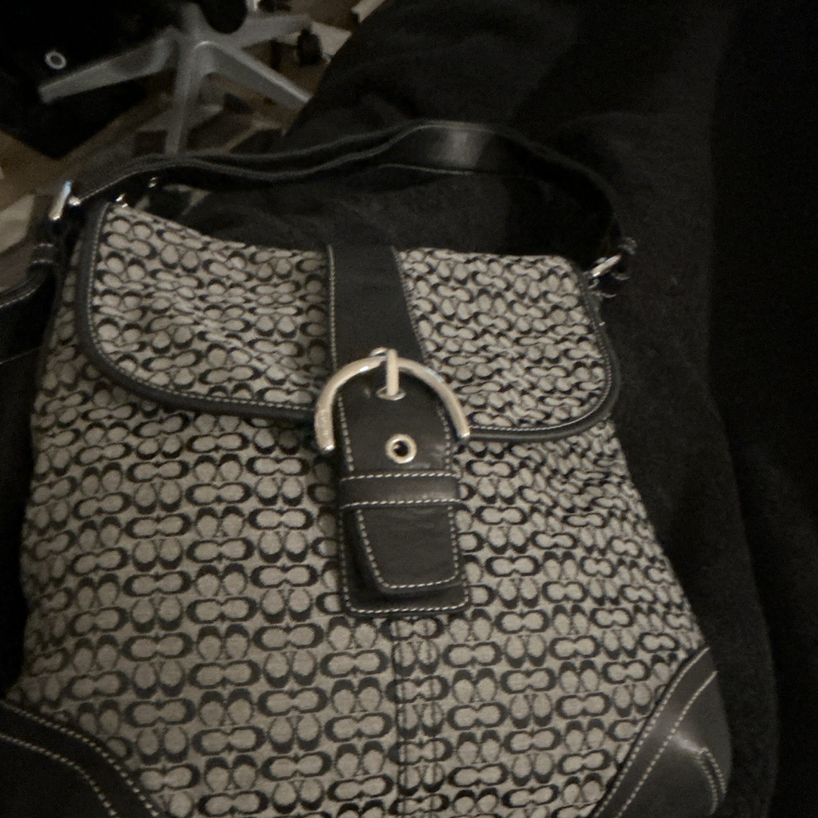 Coach Signature Gray Black Crossbody Bag Buckle Closure Detachable Strap