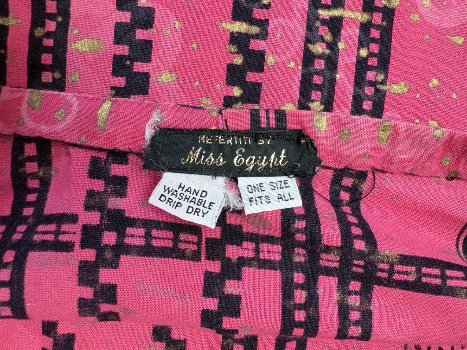 Vintage Miss Egypt Dress Middle Eastern Kaftan Pink Gold Print Ethnic Cotton OS