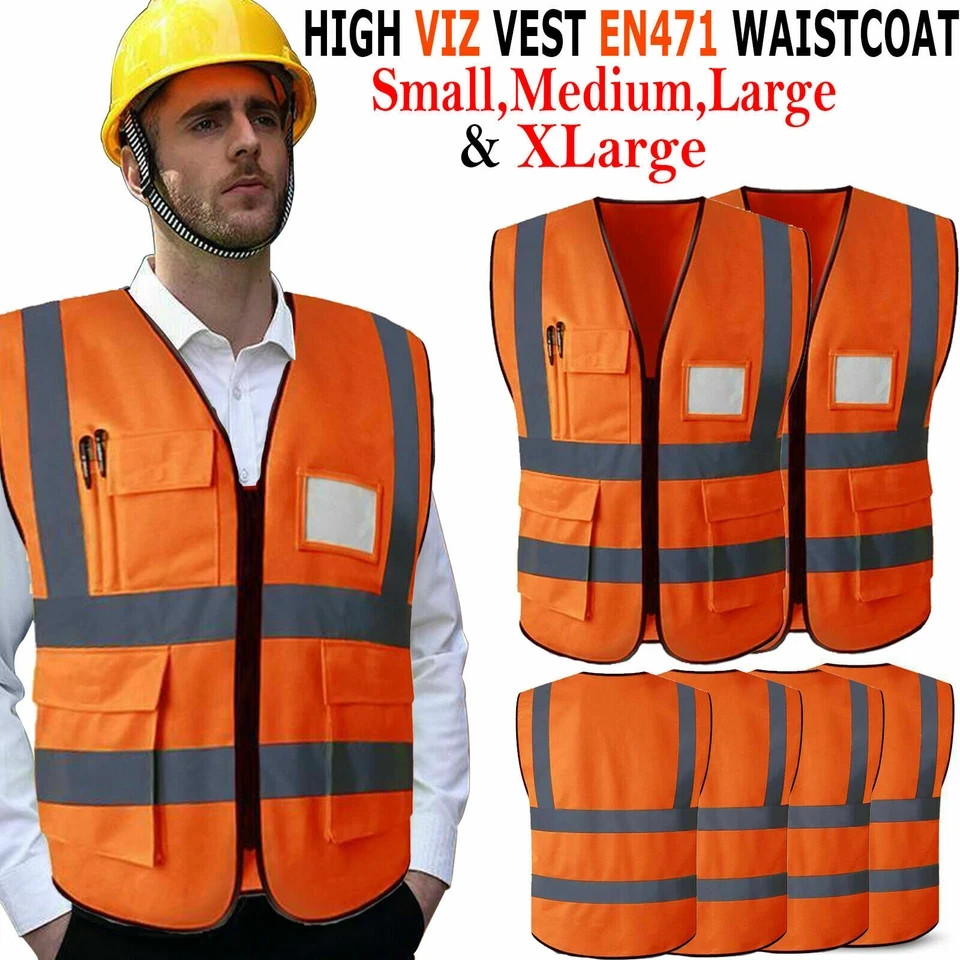 Hi Vis Viz Visibility Vest Reflective High safety With Pockets ID waistcoat UK
