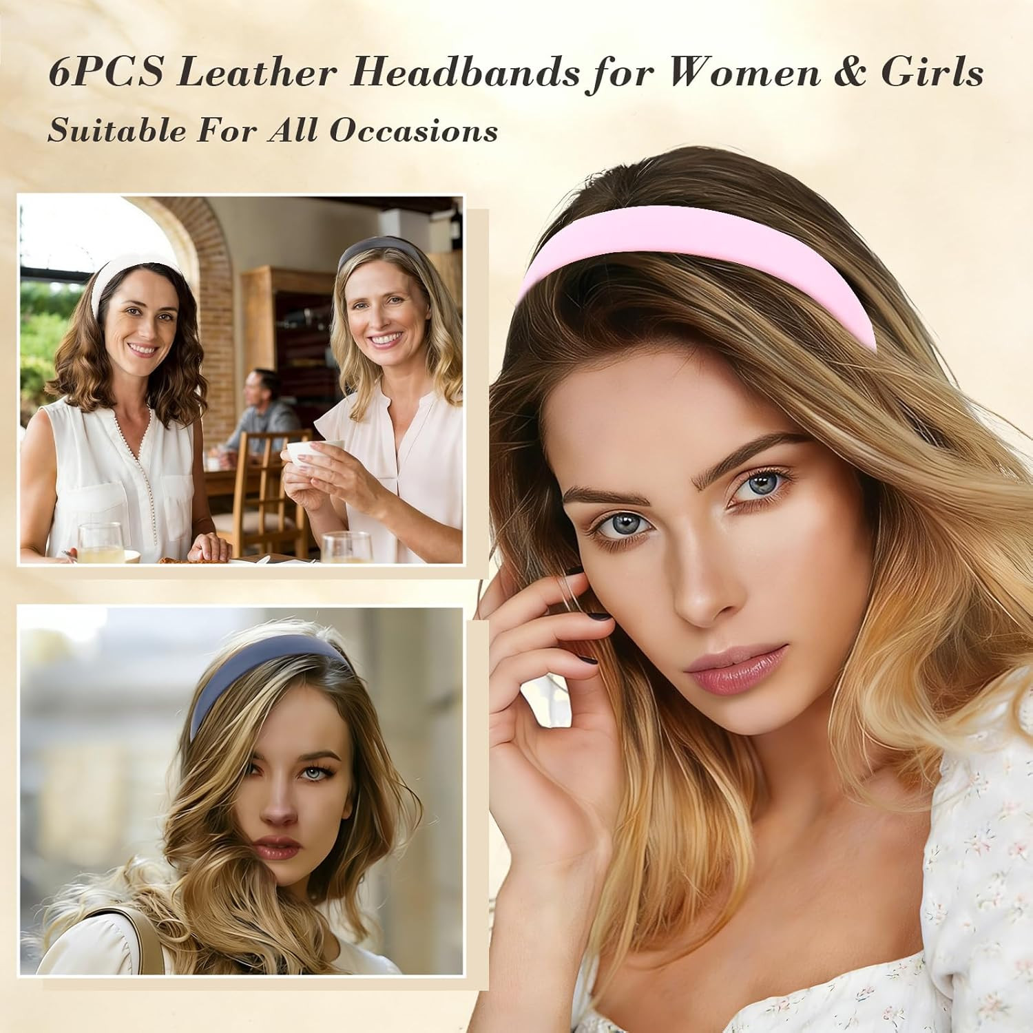 6 PCS Leather Headbands for Women Wide Cute Fashion Padded Headbands Non Slip He