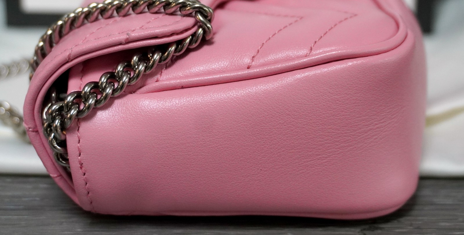 Brand New Gucci GG Marmont Super Mini Pink Matelasse Leather Crossbody Bag