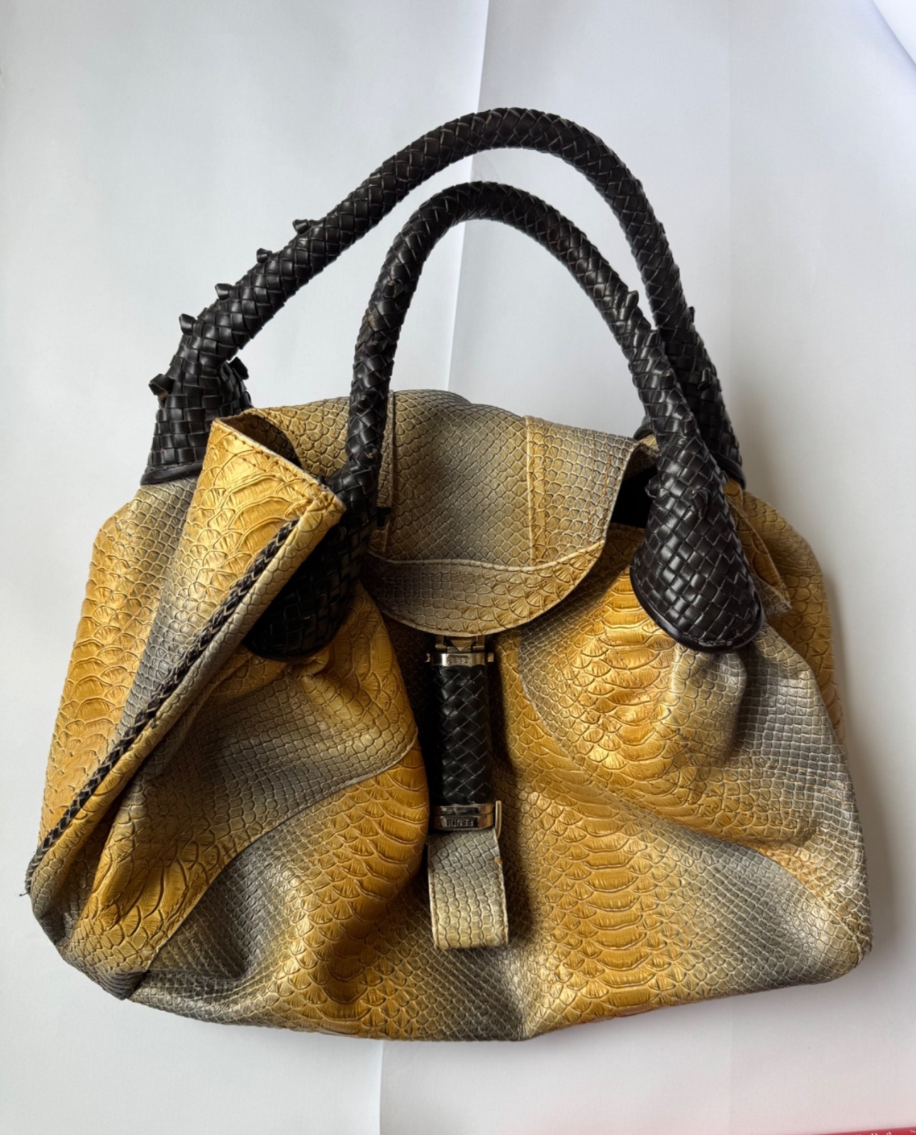 RARE Python FENDI Spy Bag Mustard Yellow and Grey Ombré Woven Handle