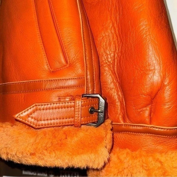 Avirex Mens Orange Leather Shearling B-3 Bomber Flight Jacket Size S to 2Xl