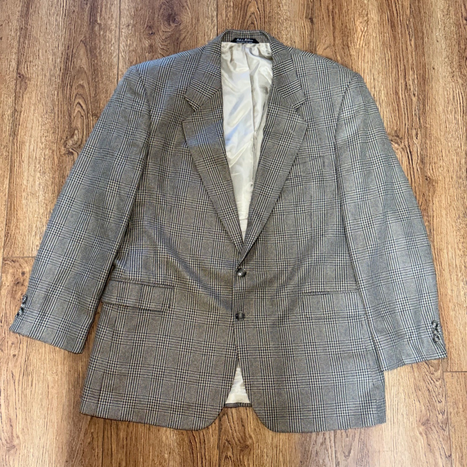 Tailors Row Deansgate Mens 44L Blazer Silk Wool Houndstooth Sport Coat Brown Tan